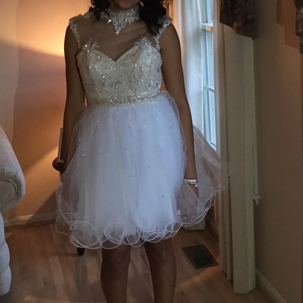 High-Neck White & Cream Puff Prom Dress